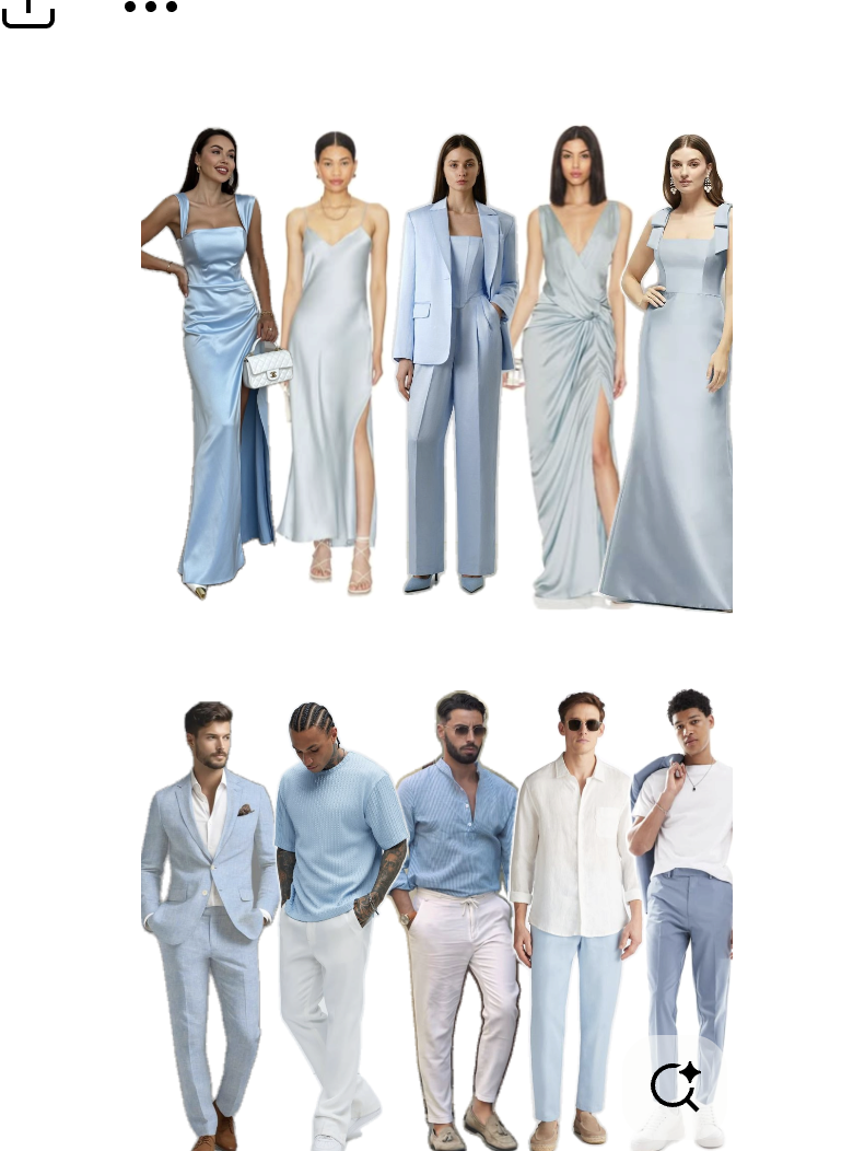 Guest attire inspiration featuring powder-blue dresses, suits, shirts, cream trousers, and polished smart-casual outfits for women and men
